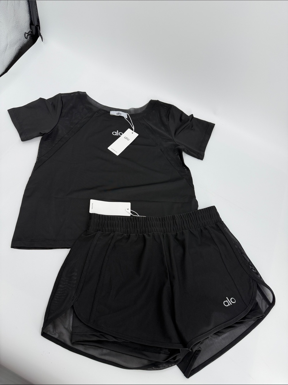 ALO Yoga Black Short Sleeve Top & Elastic Waist Shorts Set